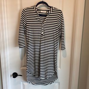 Navy and white striped button-down cotton shift dress